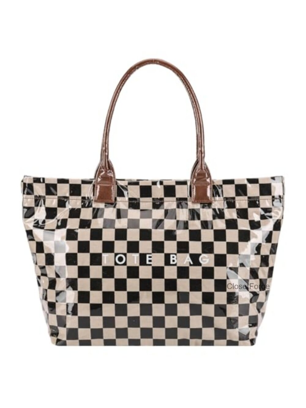 Checkered PVC Tote Bag Large Zipper Plastic Letter Print Hobo Purse Work Travel
